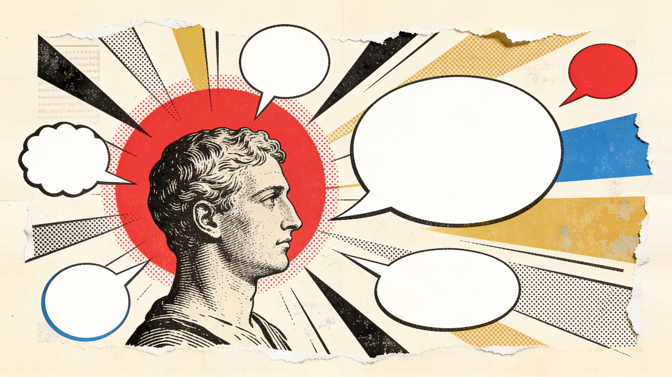 Collage of an engraved head in profile with cut-paper speech bubbles radiating under a red halftone sun