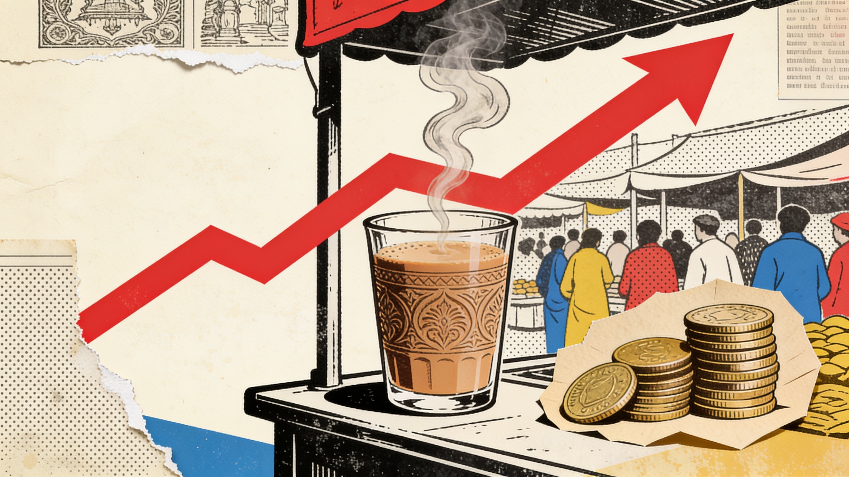 Collage of an engraved chai glass whose steam becomes a vermilion rising chart over cut-paper coins