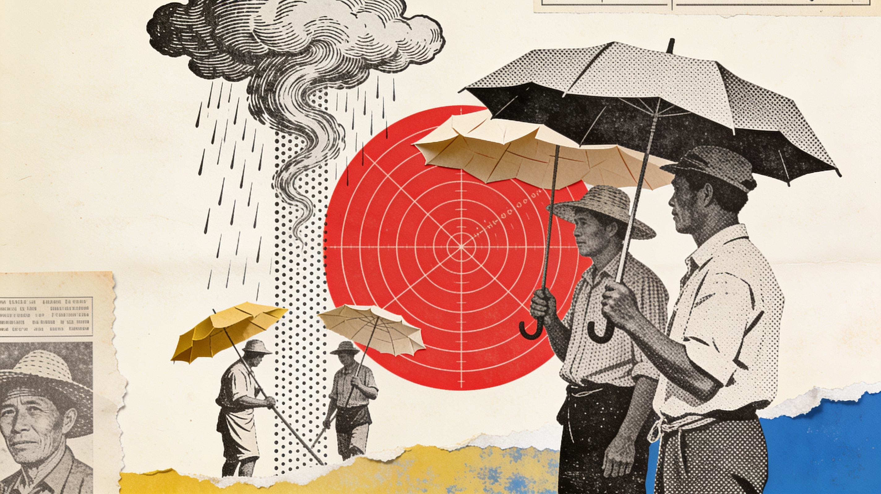 Collage of engraved monsoon clouds, halftone rain and umbrellas beneath red radar rings