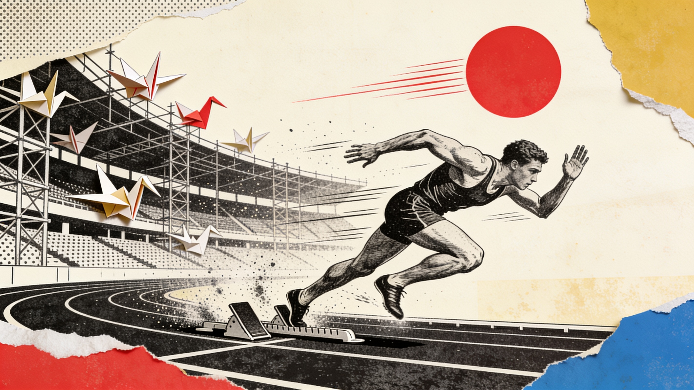 Collage of an engraved sprinter leaving the blocks in a half-built stadium of cut-paper cranes