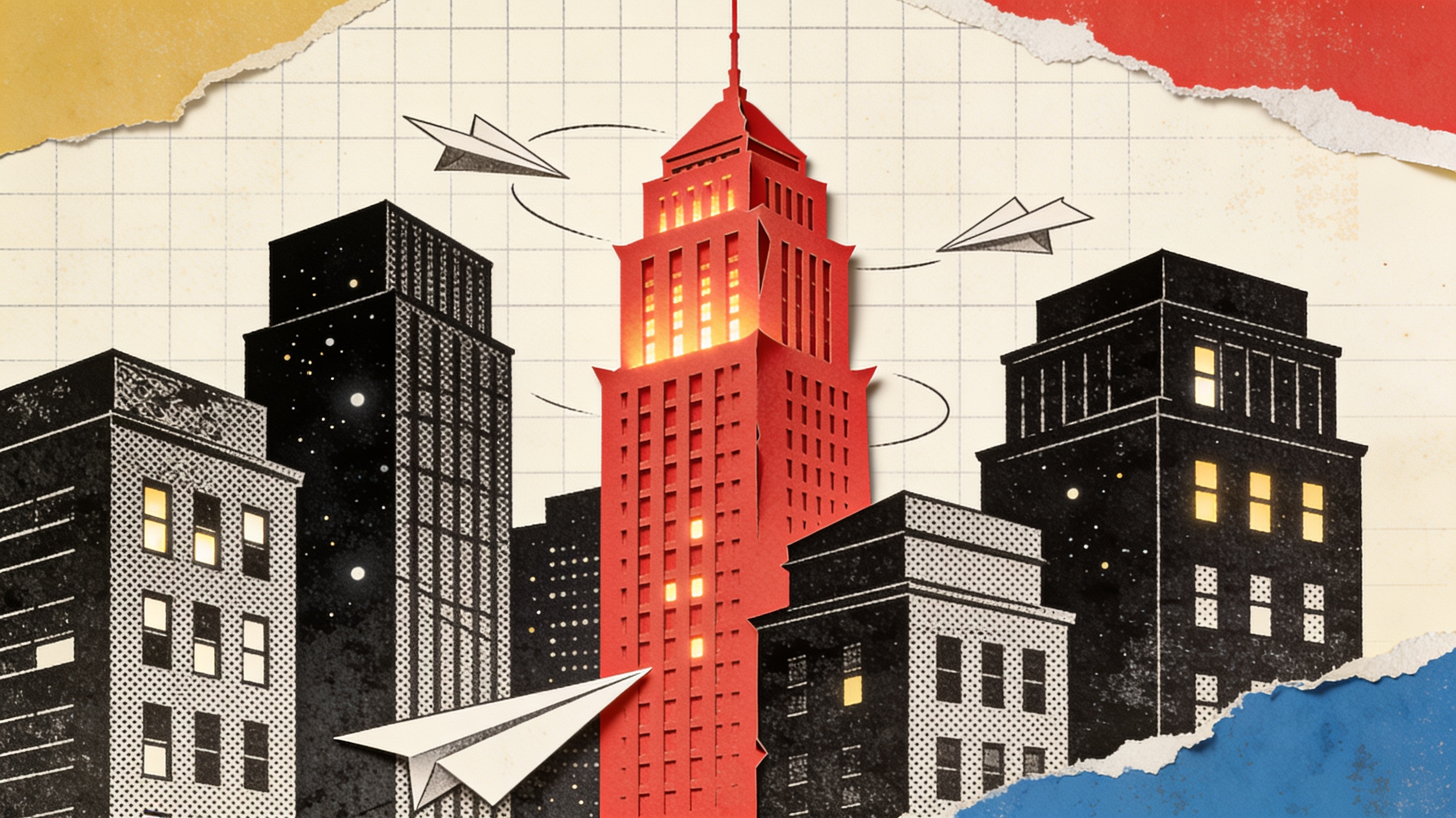 Collage of engraved night towers with one vermilion paper tower glowing, paper planes circling
